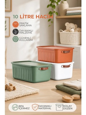 Nandy Home 3'lü Set Kapaklı Çok Amaçlı Saklama Kutusu 10 Litre – Deri Görünümlü Kulplu, Dayanıklı Tasarım 3 Renk