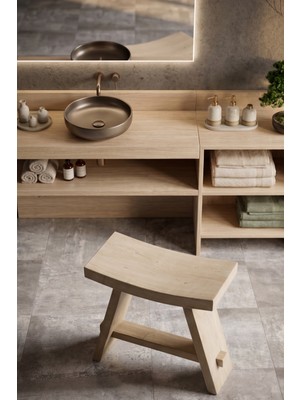 Adn Dizayn Doğal Ahşap Banyo Dolabı ve Dekoratif Oturma Taburesi Seti – 50X25X47 cm – Modern Rustik Tasarım