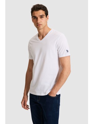 U.S. Polo Assn. Erkek Regular Fit V Yaka Beyaz Basic Tişört 50326944-VR013