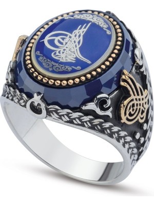 Innuendo Jewelry 925 Ayar Gümüş Mavi Zeminli Osmanlı Tuğralı Erkek Yüzük