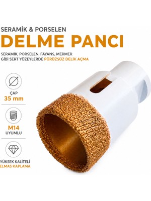 Badem10 Seramik Granit Delme Pançı 35 mm M14 Uyumlu Kuru Kesim Hassas Delik Açma Elmas Uçlu Profesyonel