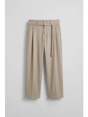 Abluka Online Erkek Baggy Fit Kemer Detaylı Gabardin Kumaş Pantolon Bej