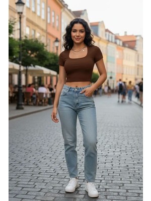 Hace Bazaar Kadın Kahverengi Şık Kesim Yarım Kol Crop Bluz