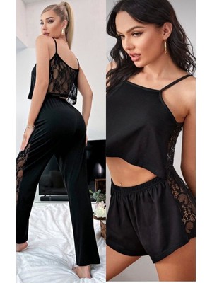 Gazaniga 2'li Set Kadın Siyah Askılı Pijama ve Şort Takımı Arjin+Catchy