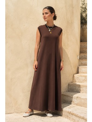Lale Butik Ribana Detaylı Sıfır Kol Uzun Penye Elbise 13274 Kahverengi