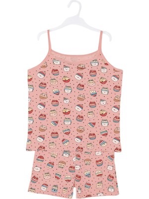 Hadiora Kız Çocuk Pastel Somon Baskılı Pamuklu Short Takım