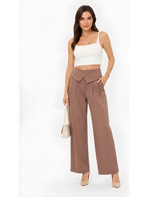 Lili Woman Kadın Drapeli Yüksek Bel Wide Leg Pantolon Kahve 51296