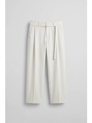 Abluka Online Erkek Baggy Fit Kemer Detaylı Gabardin Kumaş Pantolon Beyaz