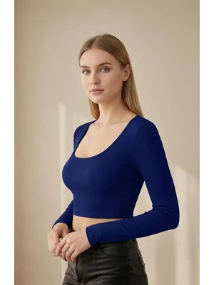 Lux Store Kadın Mavi Uzun Kol Kare Yaka Crop Top Bluz – Şık, Rahat ve Kolay Kombinlenebilir