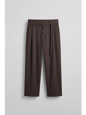Abluka Online Erkek Baggy Fit Kemer Detaylı Gabardin Kumaş Pantolon Koyu Kahve
