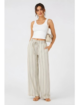 Lili Woman Kadın Yüksek Bel Çizgili Keten Karışımlı Relax Fit Pantolon E.KP01