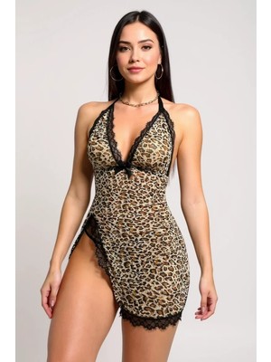 Lux Store Kadın Leopar Desenli Derin V Yaka Dantel Detaylı Yırtmaçlı Gecelik – Modern ve Şık Tasarım