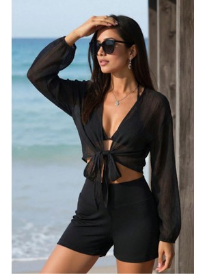 Tarz Cool Kadın Bağlamalı Plaj Üstü Kimono Crop Bluz