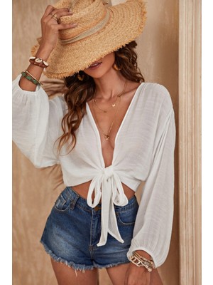 Tarz Cool Kadın Bağlamalı Plaj Üstü Kimono Crop Bluz