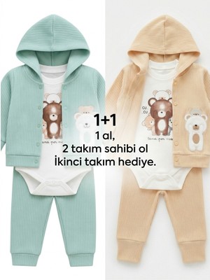 Lika&Nika Erkek Bebek 3'lü Takım Kapüşonlu Hırka Body Pantolon Seti Yenidoğan Bebek Kıyafeti Alt Üst Takım Pamuklu