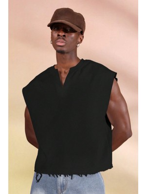 Tarz Cool Erkek Oversize Kolsuz Sweatshirt V Yaka Streetwear T-Shirt