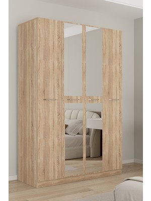 Aeka AE-3191 Burç Sonomo/sonomo Aynalı 4 Kapaklı Çok Bölmeli Askılı Raflı ve Çekmeceli 210X140X53CM Gardırop