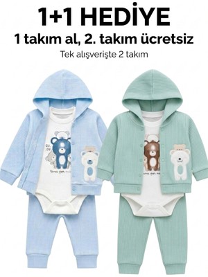 Lika&Nika %100 Erkek Bebek 3'lü Takım Kapüşonlu Hırka Body Pantolon Seti Yenidoğan Bebek Kıyafeti Alt Üst Takım Pamuklu