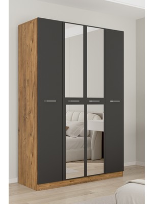 Aeka AE-3191 Burç Atlantik Çam/antrasit Aynalı 4 Kapaklı Çok Bölmeli Askılı Raflı ve Çekmeceli 210X140X53CM Gardırop