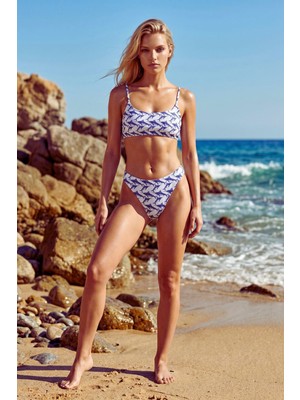 Lespadon Akdeniz Dalga Köpüğü ve Kılıç Balığı Desenli Premium Bandeau Bikini Set