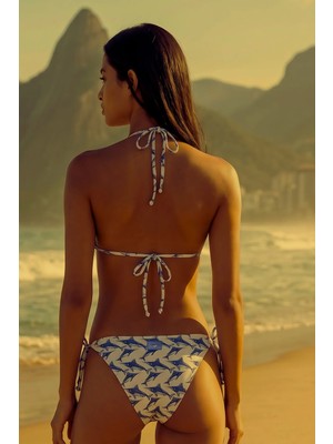 Lespadon Akdeniz Dalga Köpüğü ve Kılıç Balığı Desenli Premium Bağcıklı Üçgen Bikini Set