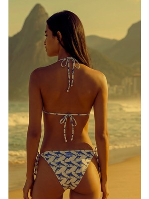 Lespadon Akdeniz Dalga Köpüğü ve Kılıç Balığı Desenli Premium Bağcıklı Üçgen Bikini Altı