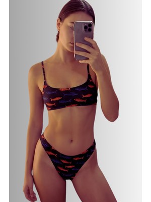 Lespadon Akdeniz Suları Mavi & Kehribar Balık Desenli Premium Bandeau Bikini Üstü