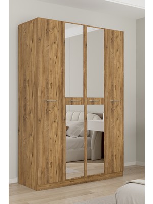 Aeka AE-3191 Burç Atlantik Çam/atlantik Çam Aynalı 4 Kapaklı Çok Bölmeli Askılı Raflı ve Çekmeceli 210X140X53CM Gardırop