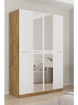 Aeka AE-3191 Burç Atlantik Çam/beyaz Aynalı 4 Kapaklı Çok Bölmeli Askılı Raflı ve Çekmeceli 210X140X53CM Gardırop