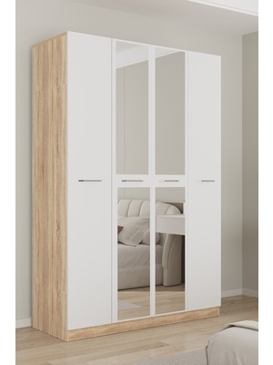 Aeka AE-3191 Burç Sonomo/beyaz Aynalı 4 Kapaklı Çok Bölmeli Askılı Raflı ve Çekmeceli 210X140X53CM Gardırop
