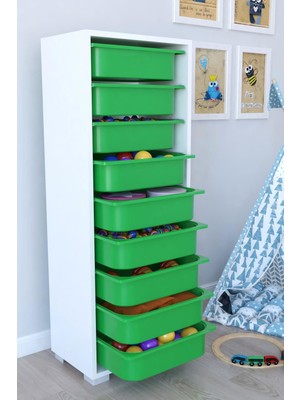 Remaks Modern Tasarımlı 9 Sepetli Yeşil Oyuncak Dolabı 30 cm Derinlikte Çok Amaçlı Dolap