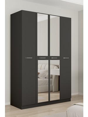 Aeka AE-3191 Burç Antrasit/antrasit Aynalı 4 Kapaklı Çok Bölmeli Askılı Raflı ve Çekmeceli 210X140X53CM Gardırop