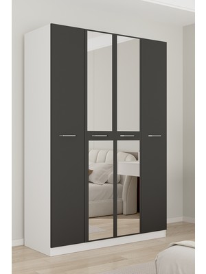 Aeka AE-3191 Burç Beyaz/antrasit Aynalı 4 Kapaklı Çok Bölmeli Askılı Raflı ve Çekmeceli 210X140X53CM Gardırop