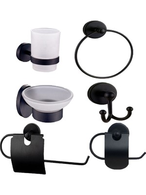 Fndhome SİYAH BANYO SABUNLUK, DİŞ FIRÇALIK, HAVLULUK, BORNOZ ASKILIK, WC KAĞITLIK, 6 LI SET