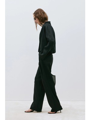 Suud Collection Siyah %100 Keten Viana Pileli Pantolon