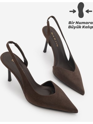 Marjin Kadın Stiletto Arkası Açık Önü Dikiş Detaylı V Yaka Kısa Klasik Topuklu Ayakkabı Orvani Kahve Süet