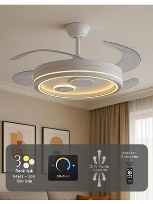 Hoogar German İç Desenli Tavan Vantilatörü 3 Renk Ledli Gizli Pervaneli Kumandalı Dimmer Ayarlı BL Sistem Isınmaz Motor