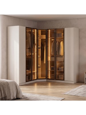 Eymense Lora Gardırop %100 MDF Askılı Çekmeceli Köşe Modüler Giyinme Odası Dolabı