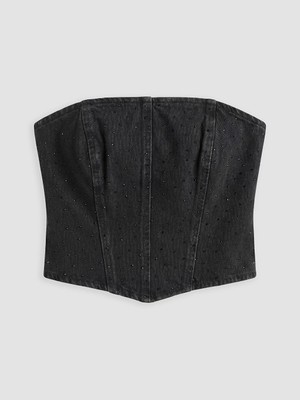 LC Waikiki Siyah Straplez Yaka Taşlı Jean Korse Büstiyer