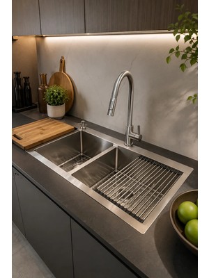 Banyo Master Çift Gözlü 304 Çelik "Premium" Özel Tasarım Eviye Seti 84X48 cm
