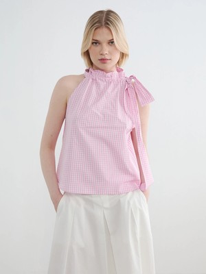 LC Waikiki Pembe Halter Yaka Ekose Fiyonk Detaylı Bluz