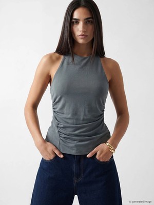 LC Waikiki Mavi Halter Yaka Büzgülü Bluz