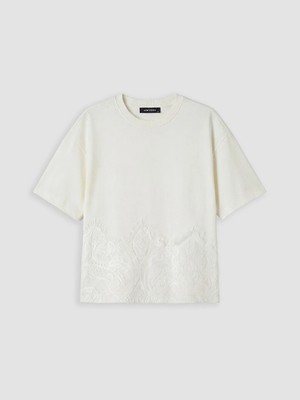 LC Waikiki Ekru Nakışlı Oversize Kadın Tişört