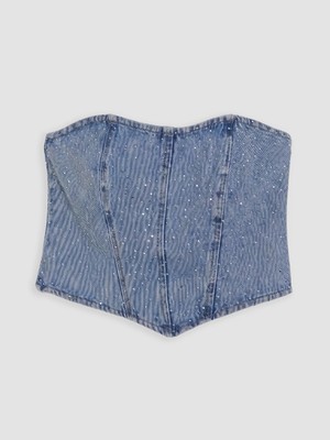 LC Waikiki Mavi Straplez Yaka Taşlı Crop Jean Bluz