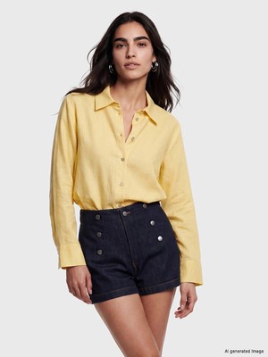 LC Waikiki Sarı Keten Karışımlı Oversize Kadın Gömlek