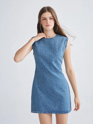 LC Waikiki Mavi Bisiklet Yaka Parlak Taşlı Mini Jean Elbise