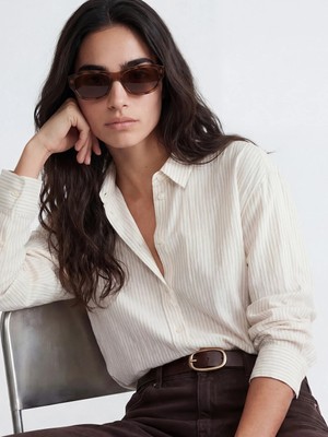 LC Waikiki Bej Çizgili Oversize Kadın Gömlek