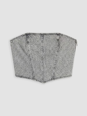 LC Waikiki Gri Straplez Yaka Taşlı Crop Jean Bluz