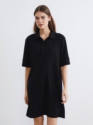 LC Waikiki Siyah Polo Yaka Soft Touch Mini Elbise