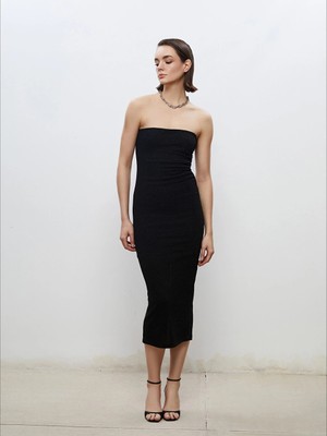 LC Waikiki Siyah Straplez Yaka Simli Büzgülü Bodycon Elbise